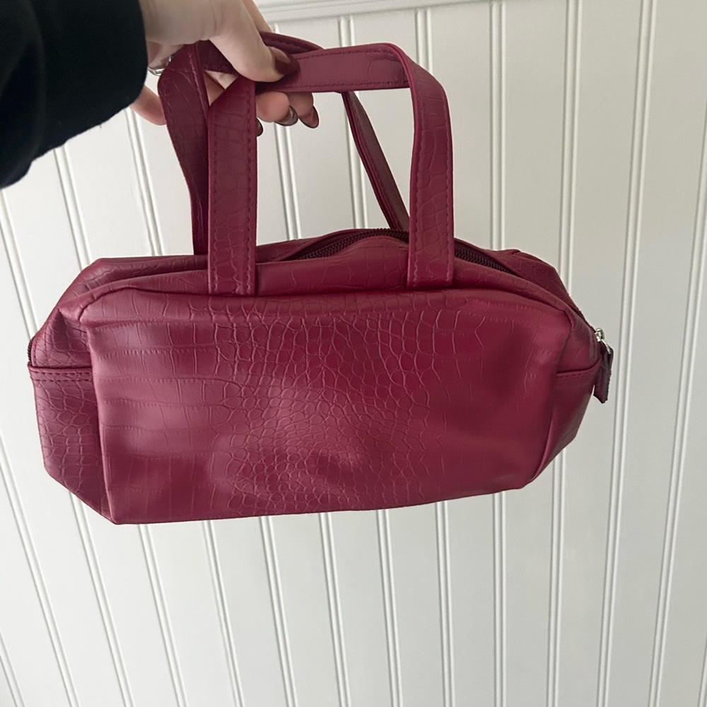 Burgundy Faux Croc Makeup Bag Cosmetic Pouch Red Crocodile Embossed